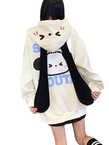 grhaat Kawaii Hoodie Zipper Harajuku Puppy Long Ear Casual Loose Hooded Sweatshirt Cutecore Y2k Graphic Pullovers (S,beige)