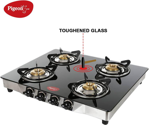 Pigeon by Stovekraft Blaze Gas Stove with High Powered 4 Brass Burner, Glass Cooktop has Glass Top and Stainless Steel body, Manual Ignition (Black)