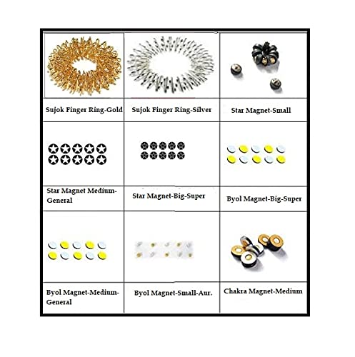 ACi Sujok Magnets Set of 10 BYOL (General, Medium, Small), Star (General, Medium, Small), Chakra with Sujok Finger Ring Medium Combo Set