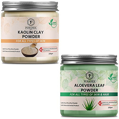 Puranex Pure & Natural Kaolin Clay Powder & Aloe Vera Leaf Powder 100gm (Combo Pack of 2) 200Gm