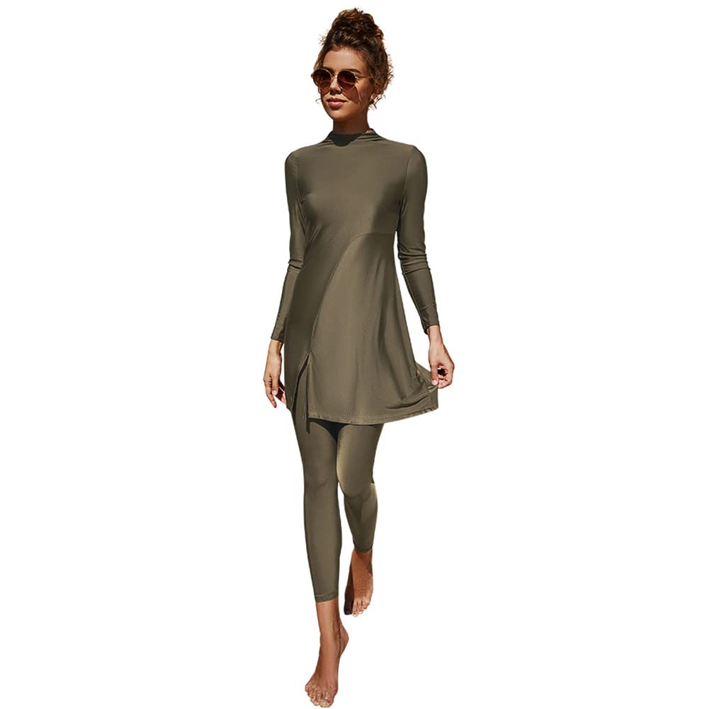 Muslim Swimsuits for Women: Modest Swimwear Islamic Long Sleeve Burkini Swimsuit Full Cover Swimming Muslim Dress Tops Pants Rash Guard Sets 2 Piece Tankini Set Bathing Suits Brown Green Large