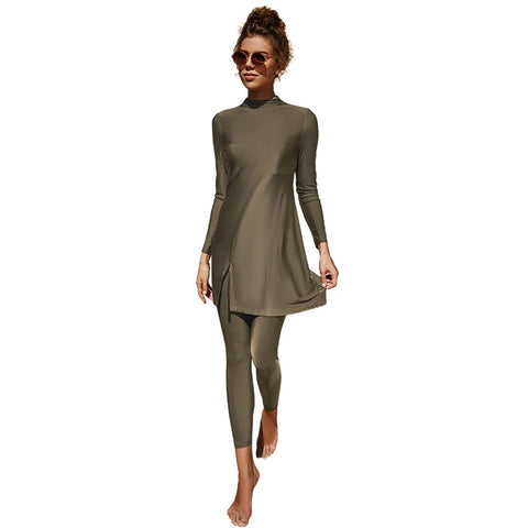 Muslim Swimsuits for Women: Modest Swimwear Islamic Long Sleeve Burkini Swimsuit Full Cover Swimming Muslim Dress Tops Pants Rash Guard Sets 2 Piece Tankini Set Bathing Suits Brown Green Large