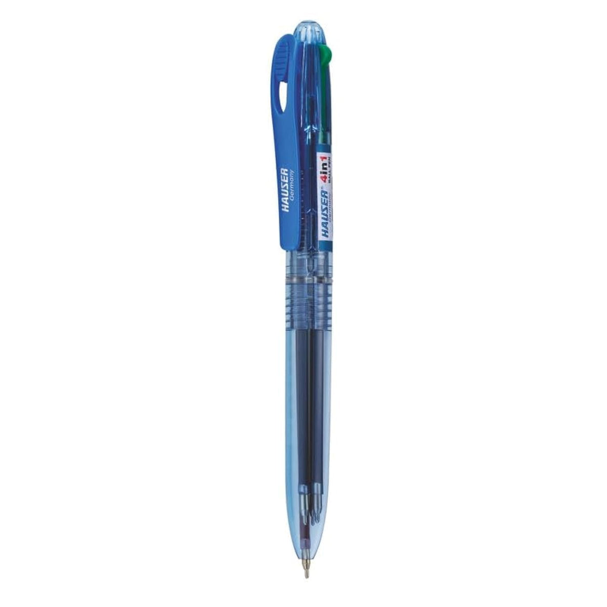 Hauser 4 In 1 Retractable Ball Pen Box | Durable Transparent Body | 4 Ink Colors In One Pen | Low Viscosity Ink System | Acu Flow Writing System | Blue; Black; Red & Green Ink, Set Of 1 X 10