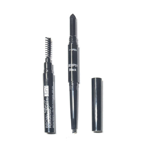 (3 pcs) Nabi 3 in 1 Eye Brow Pencil, Eyebrow Pencil with Brow Brush and Eye Brow Filling Powder (Black)