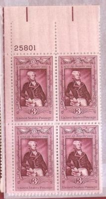 No. 1097, U. S. Postage Stamp Plate Block 1957 3c Lafayette Bicentenary