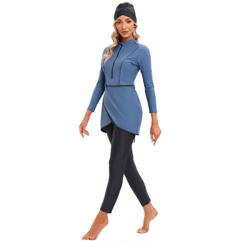 Burkini Swimsuits for Women: Modest Muslim Islamic Swimwear Long Sleeve Rashguard Sets Burkinis Full Cover Hijab Swim Cap Swim Dress Tops Pants 3 Piece Bathing Suits Dusty Blue Large