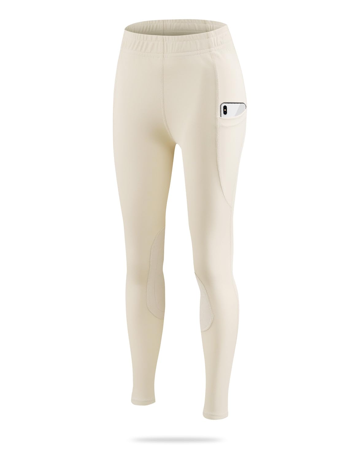 BALEAF Girls Horse Riding Pants Kids Equestrian Breeches Knee-Patch Youth Schooling Tights Pocket UPF50+ Beige XS