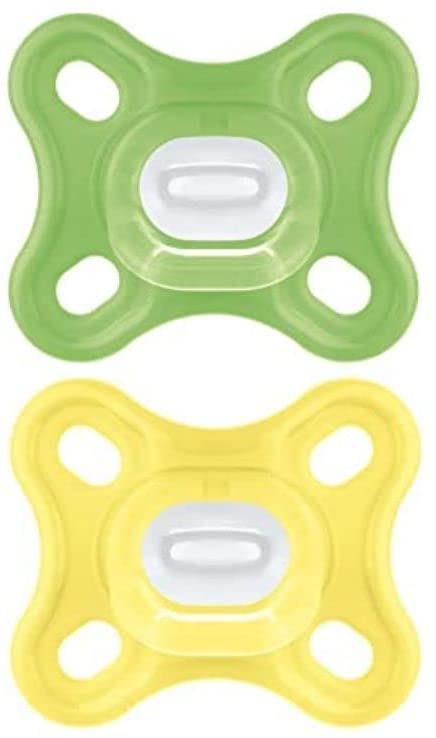 MAM Comfort All-Silicone Soothers 0-3 Months (Pack of 2), Soft and Light Newborn Soother, Premature and Newborn Essentials, with Self Sterilising Travel Case, Green /Yellow