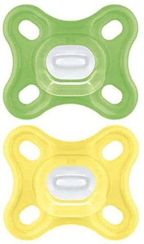 MAM Comfort All-Silicone Soothers 0-3 Months (Pack of 2), Soft and Light Newborn Soother, Premature and Newborn Essentials, with Self Sterilising Travel Case, Green /Yellow