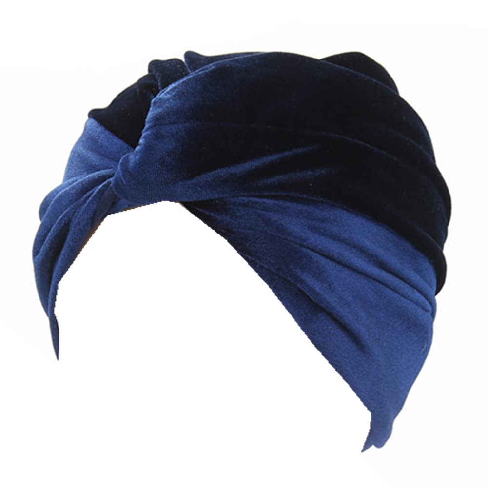 Fxhixiy Women's Stretch Velvet Twist Pleasted Hair Wrap Turban Hat Cancer Chemo Beanie Cap Headwear (Navy)