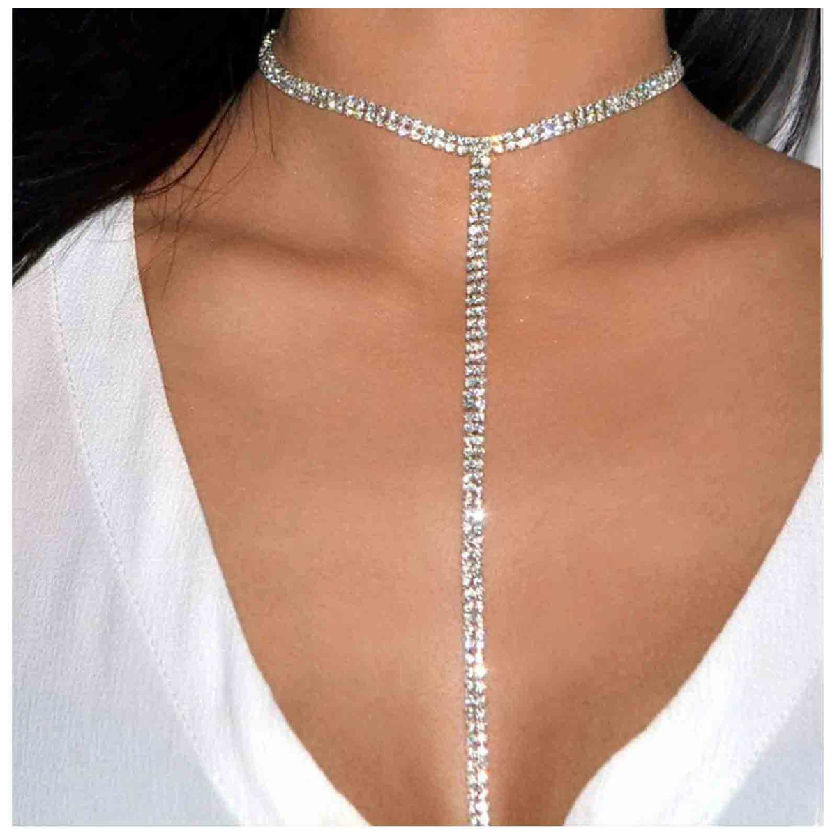 Yheakne Boho Rhinestone Crystal Y Necklace Tennis Chain Y Lariat Necklace Long Silver CZ Drop Chain Necklace Sparkle Party Nightclub Necklace Chain Jewelry for Women and Girls (Silver)