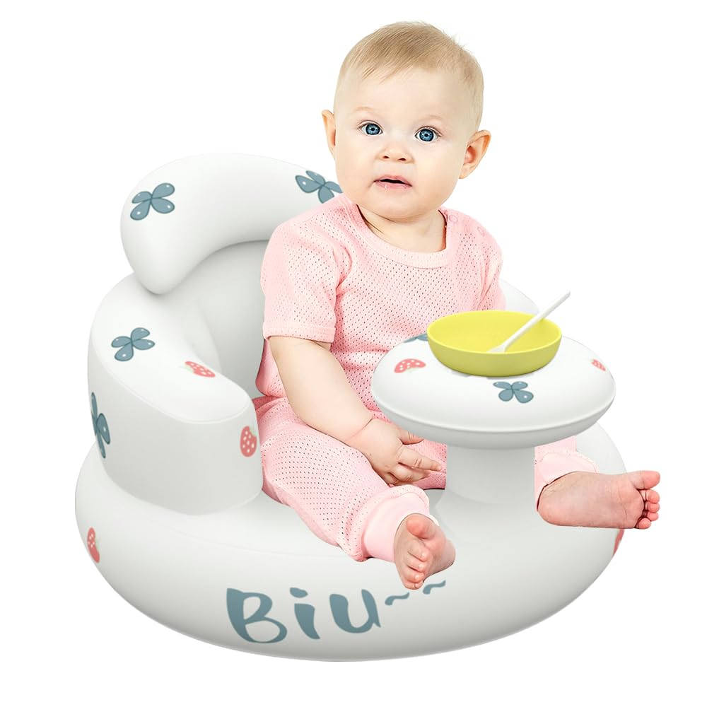 Mineup Baby Inflatable Seat for Babies 3-36 Months, Built in Air Pump Infant Back Support Sofa, Baby Support Seat Summer Toddler Chair for Sitting Up, Baby Shower Chair Floor Seater (Strawberry)