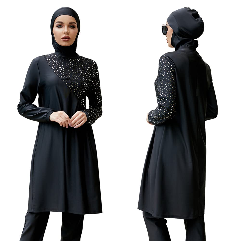 Muslim Swimsuits for Women: Modest Swimwear Islamic Long Sleeve Burkini Swimsuit Full Cover Hijab Swimming Cap Muslim Dress Tops Pants Rash Guard 3 Piece Swim Set Bathing Suits Black Beads Medium