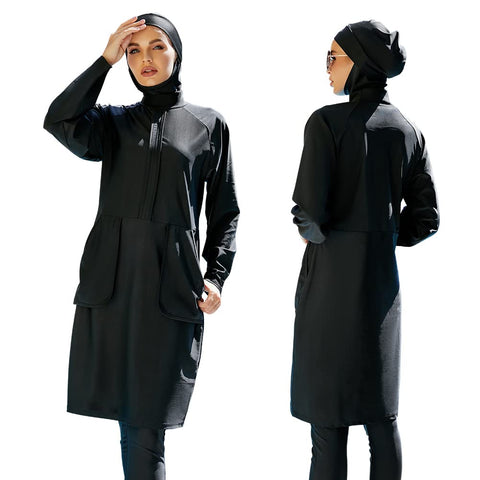 Muslim Swimsuits for Women: Modest Swimwear Islamic Long Sleeve Burkini Swimsuit Full Cover Hijab Swimming Cap Muslim Dress Tops Pants Rash Guard 3 Piece Swim Set Bathing Suits Black Solid Large