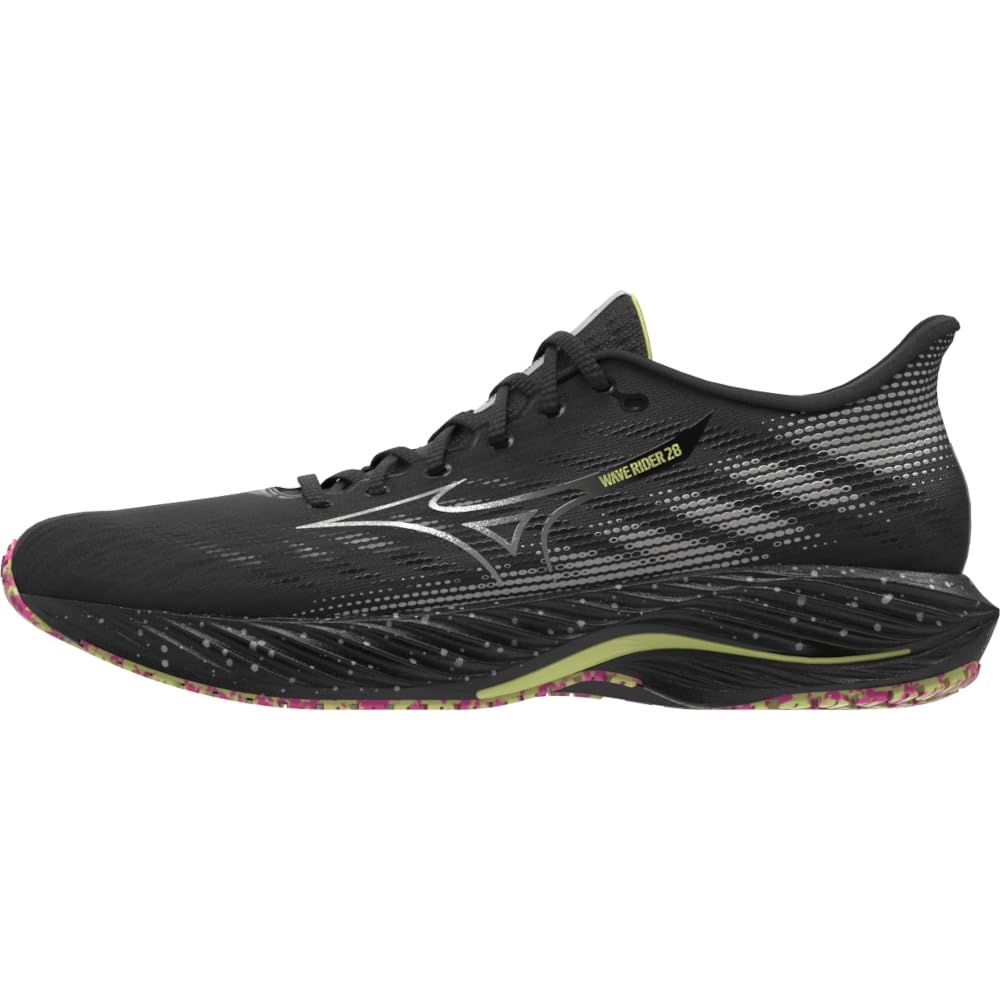 Mizuno Men's Wave Rider 28 Running Shoes, Black Silver Sunny Lime, 10.5 UK