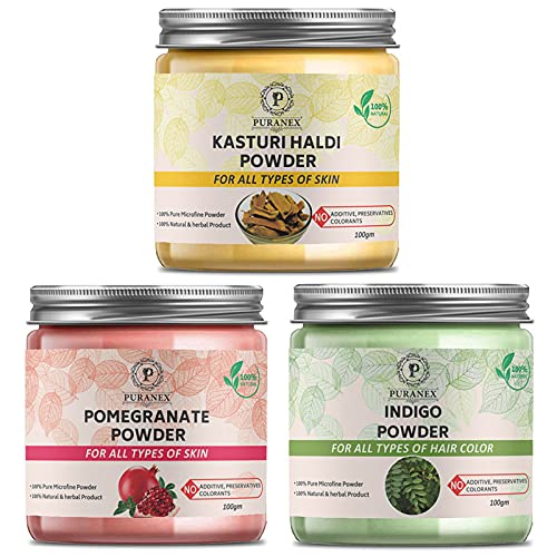 Puranex Pure & Natural Kasturi Haldi Powder & Pomegranate Powder & Indigo Powder100Gm (Combo Pack OF 3) 300Gm