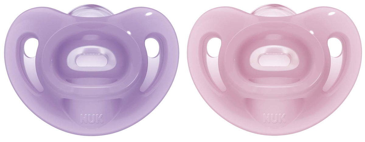 NUK Sensitive Dummy, 6-18 Months, 100% Silicone for Delicate Skin, BPA-Free, Purple & Pink, Pack of 2