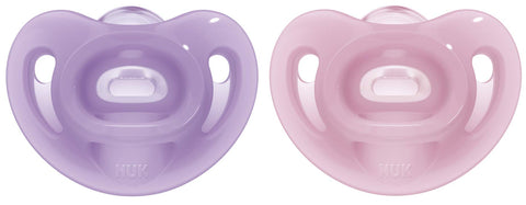 NUK Sensitive Dummy, 6-18 Months, 100% Silicone for Delicate Skin, BPA-Free, Purple & Pink, Pack of 2