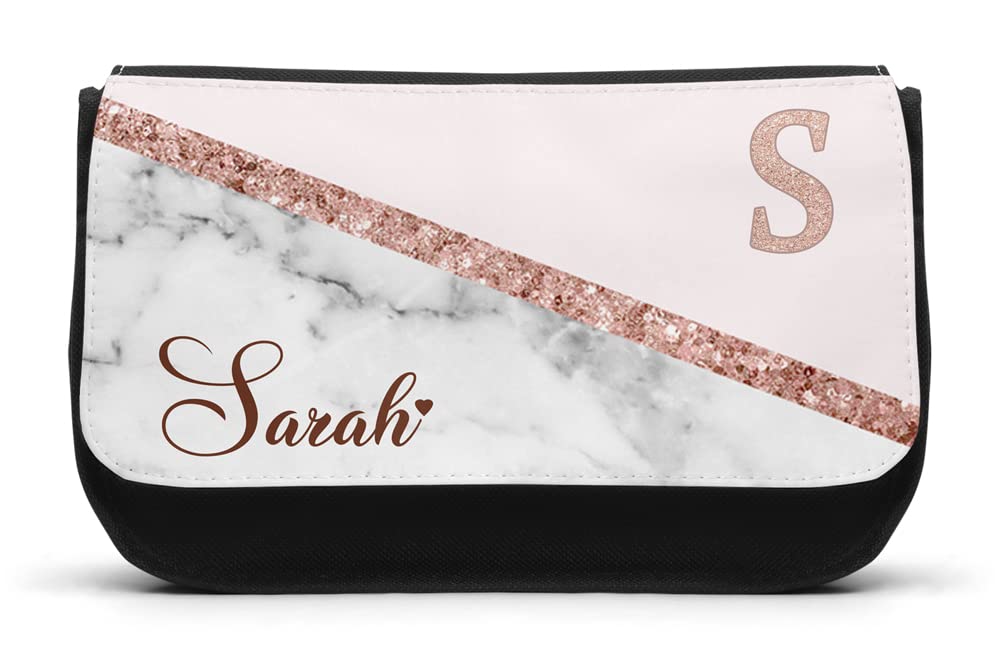 EnvyFone Personalised Pencil Case - Marble Glitter Effect - Add Name and Initial - School Stationary/Makeup/Cosmetic Bag - Girls/Ladies - Gift