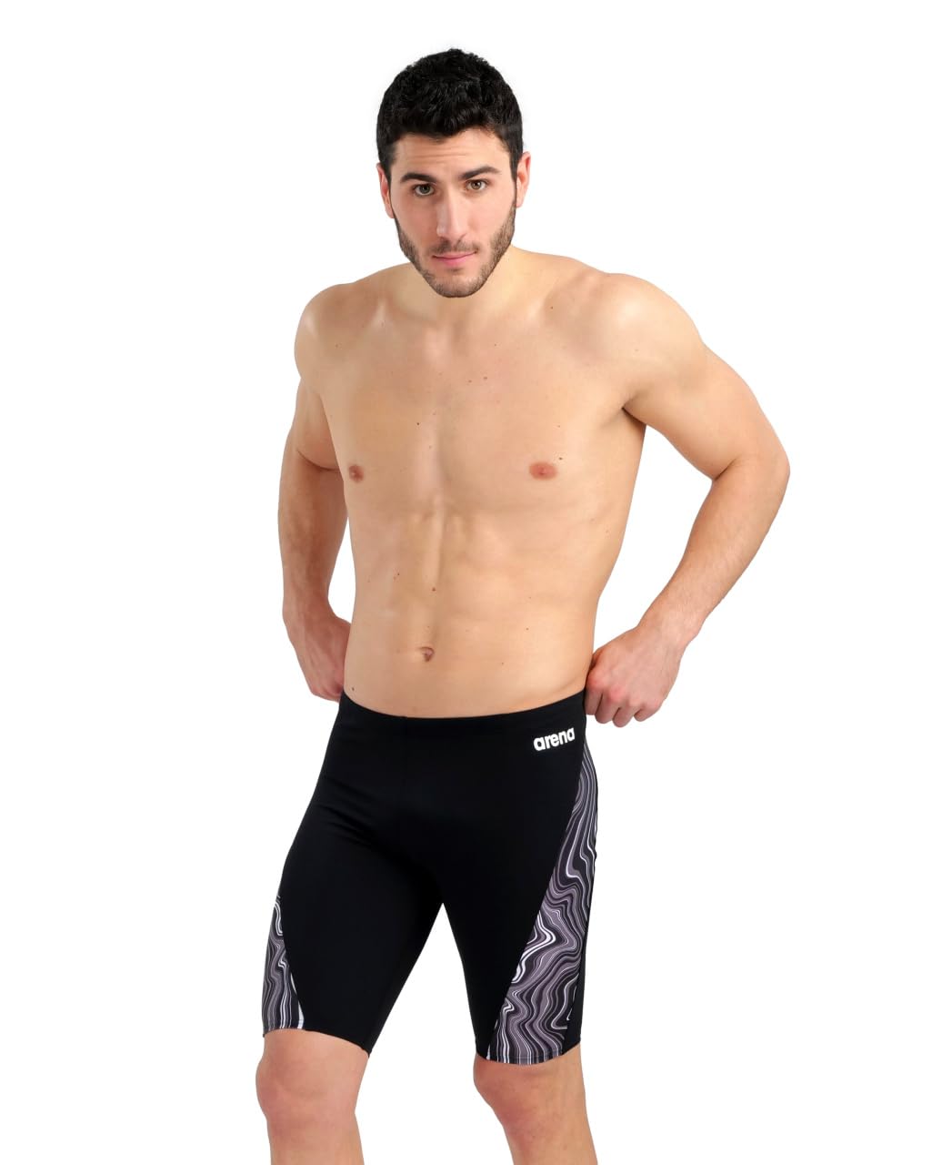 ARENA Men's Standard Performance Marbled Swim Jammer, Black/Black Multi