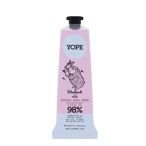 YOPE Natural Hand Cream | Rice, Tsubaki Oil | Mafura Butter | Shea Butter | Vitamin E | Rose and Rhubarb Extract | Regenerating | Moisturising Intensely | Rhubarb and Rose 50ml