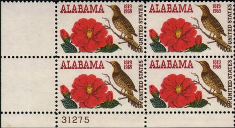 1969 Alabama Yellowhammer Flicker Camellia Plate Block of Four 6 Cent Postage Stamps Scott 1375 By USPS