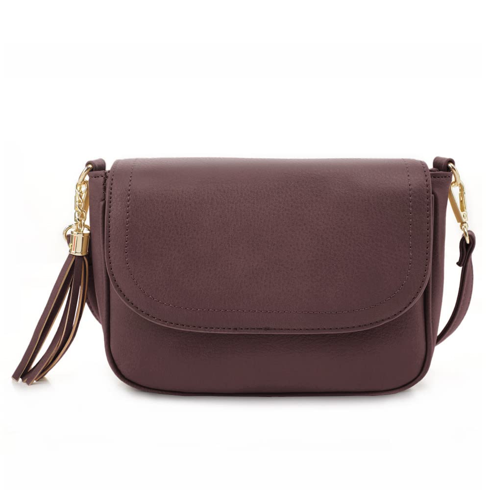 EVVE Small Crossbody Bag for Women Trendy Vegan Leather Flap Saddle Purses with Adjustable Shoulder Strap - Wine