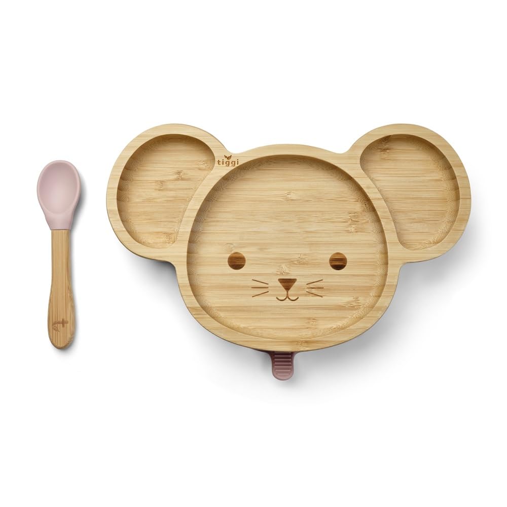 Tiggi Bamboo Baby Suction Plate - Complete Weaning Set, Strong Suction, BPA-Free, Bamboo Plates Baby, Ideal Baby Suction Plate for Easy Feeding and Clean-Up (Mouse, Dusky Pink)