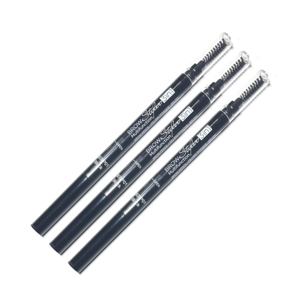 (3 pcs) Nabi 3 in 1 Eye Brow Pencil, Eyebrow Pencil with Brow Brush and Eye Brow Filling Powder (Black)