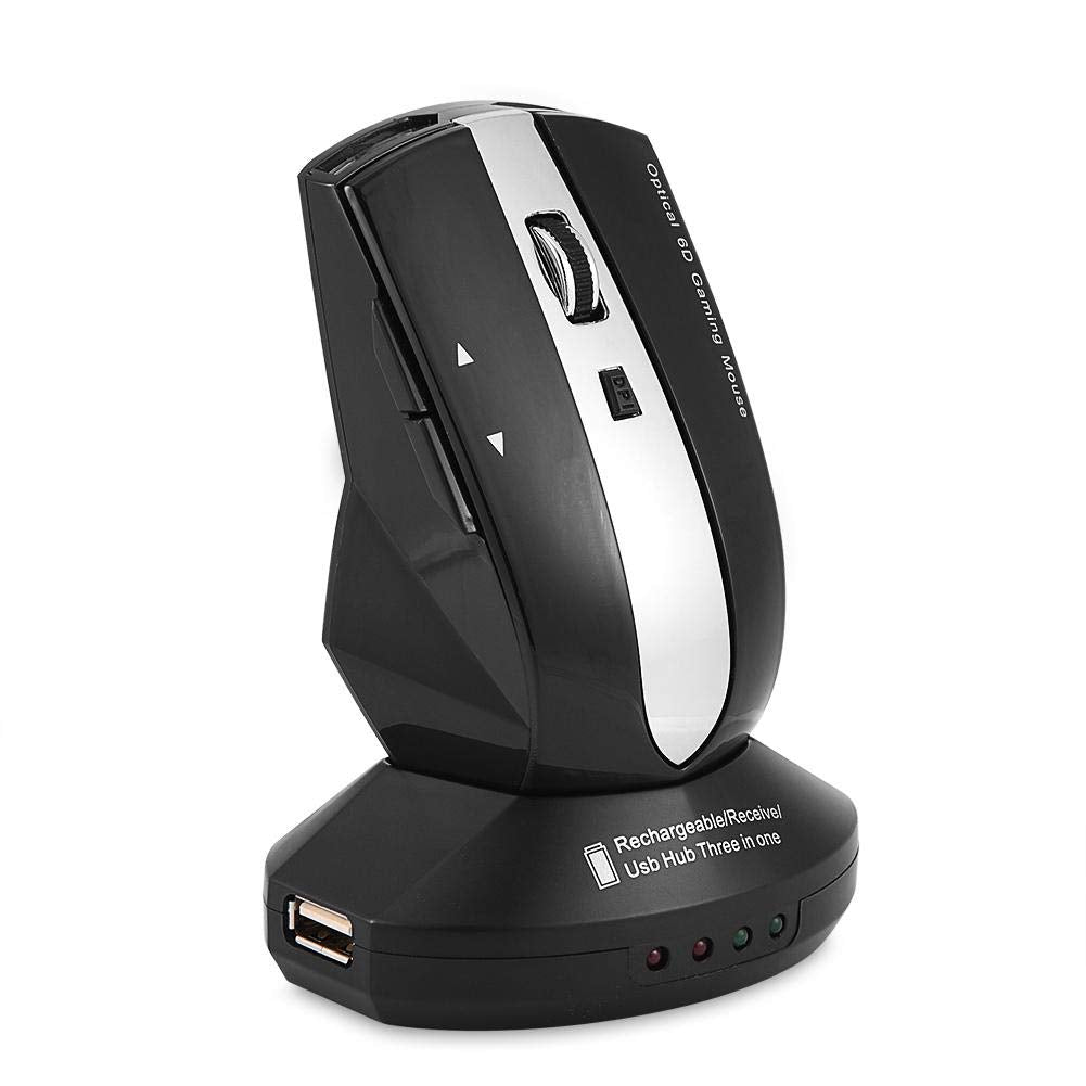 Serounder Wireless Mouse, 2.4GHz Rechargeable Optical Gaming Ergonomic Mice w/Charging Dock Stand 3-Port USB Hub for Laptop, PC, Windows(Black)