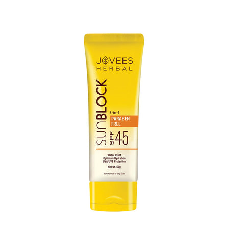 Jovees Herbal Sun Block Sunscreen SPF 45 | For Dry Skin | Water Proof, UVA/UVB Protection, Moisturization| Paraben and Alcohol Free | For Women/Men | Paraben And Alcohol Free | 50 G