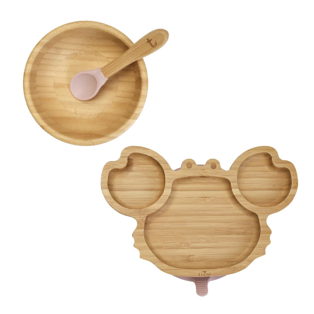 Tiggi Baby Weaning Set - Bamboo Suction Plate and Bowl, The Complete Baby Feeding Set - Ideal Weaning Gift Set for Stress Free Baby Weaning (Crab, Dusky Pink)