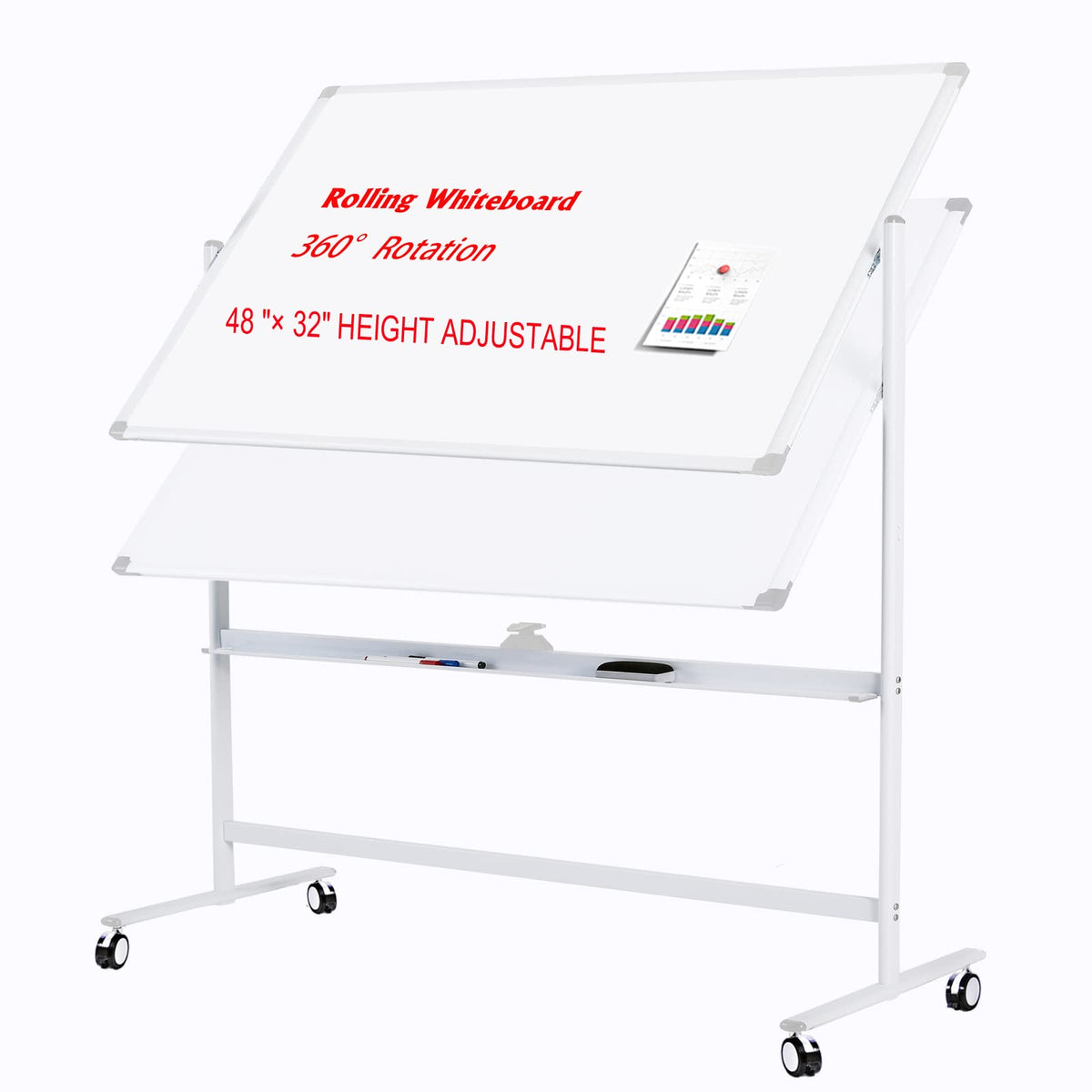 Large Mobile Dry Erase Board WhiteBoard, 48×32 inches Height Adjust Double Sided WhiteBoard, Rolling Stand with Aluminum Frame for Home Office Classroom