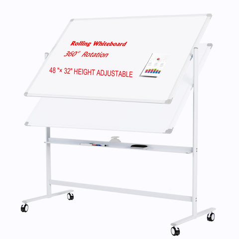 Large Mobile Dry Erase Board WhiteBoard, 48×32 inches Height Adjust Double Sided WhiteBoard, Rolling Stand with Aluminum Frame for Home Office Classroom