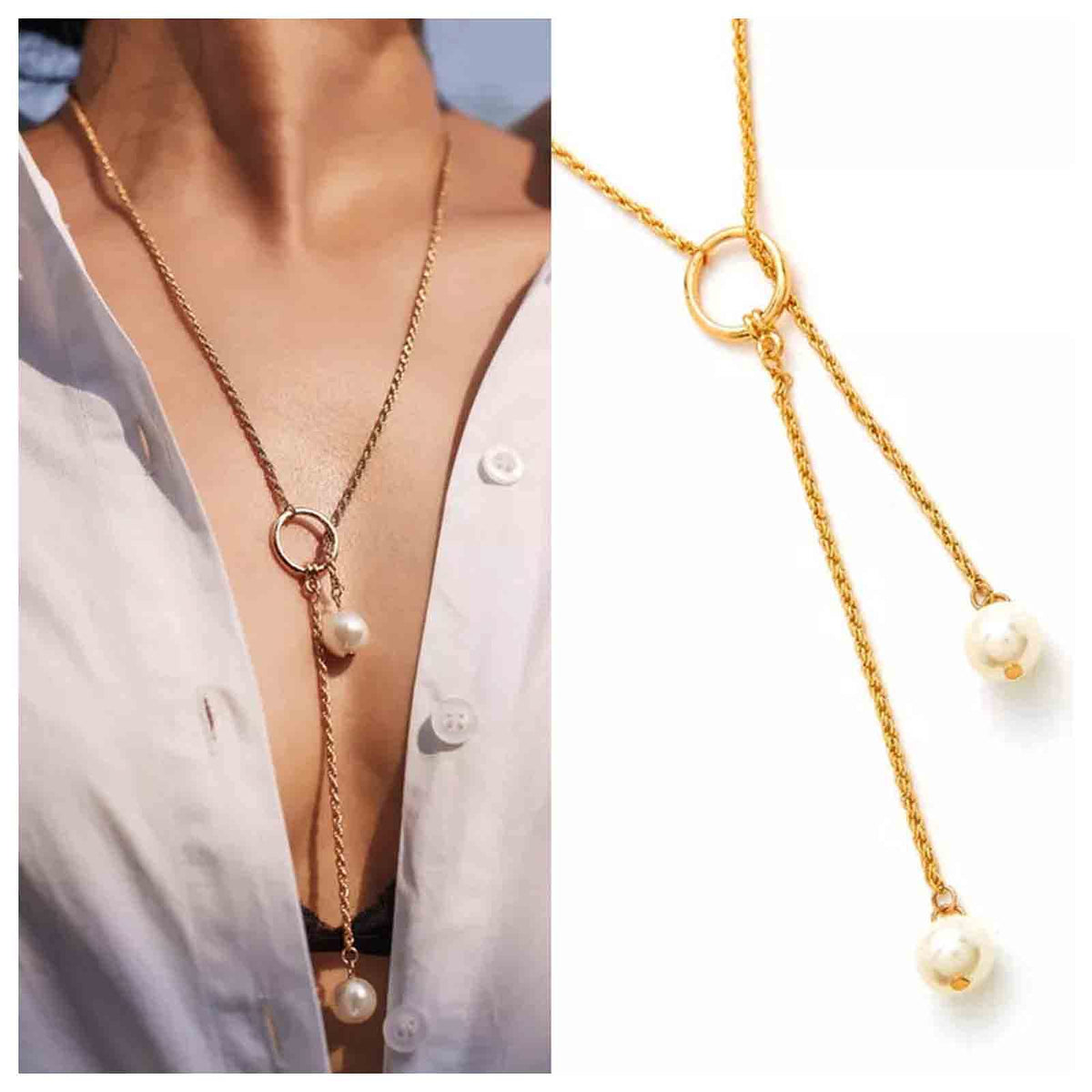 Yheakne Boho Pearl Lariat Necklace Gold Chunky Chain Y Necklace Pearl Tassel Necklace Long Necklaces for Women and Girls Prom Bridal Necklace Jewelry