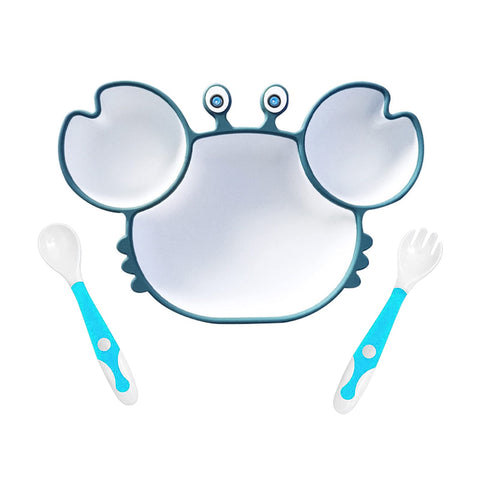 WMLBK Crab Shape Silicone Suction Plate Kids Eating Suction Bowl Feeding Dish with Spoon,Fork -Soft Silicone Non-Toxic Food Cutlery (Blue)