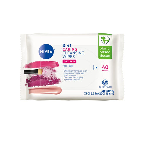 NIVEA 3in1 Caring Cleansing Wipes for Face and Eyes, Effective as a Waterproof Makeup Remover, Gentle Facial Cleanser for Dry and Sensitive Skin, 25 Ct