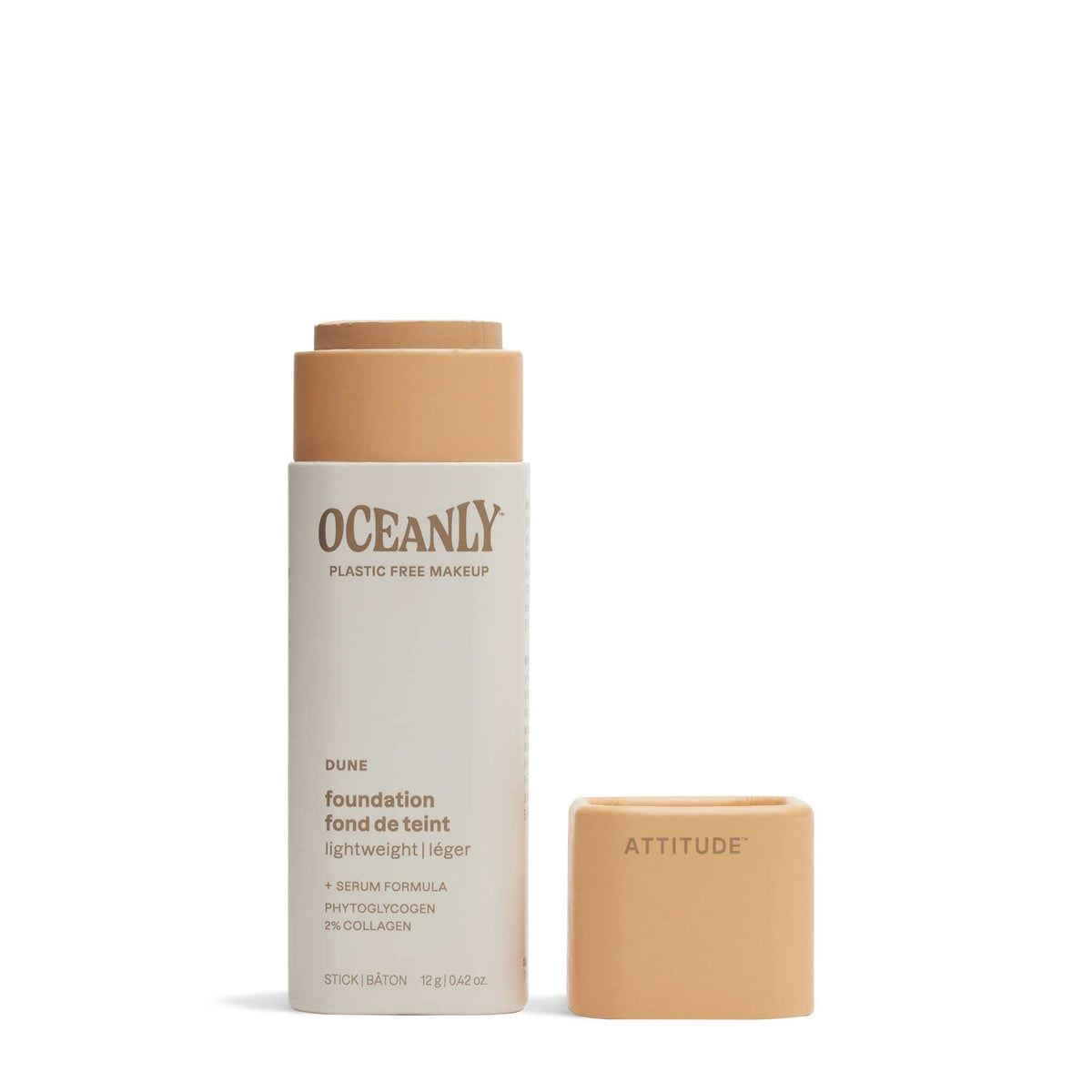 ATTITUDE Oceanly Plastic-Free Light Coverage Foundation Stick, Titanium Dioxide-Free, EWG Verified, Vegan Makeup, Dune, 12 grams