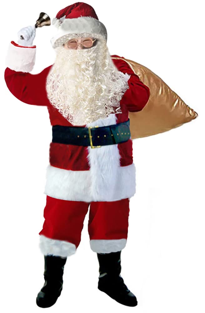 Obosoyo Men's Deluxe Santa Suit 10pc. Christmas Ultra Velvet Adult Santa Claus Costume