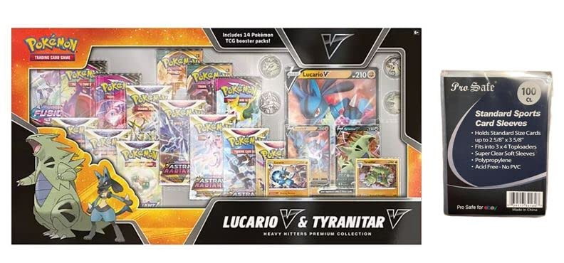 Pokemon TCG Heavy Hitters Premium Collection Lucario V & Tyranitar V Box w/ Sleeves - 14 Booster Packs (Heavy Hitters Premium Collection)