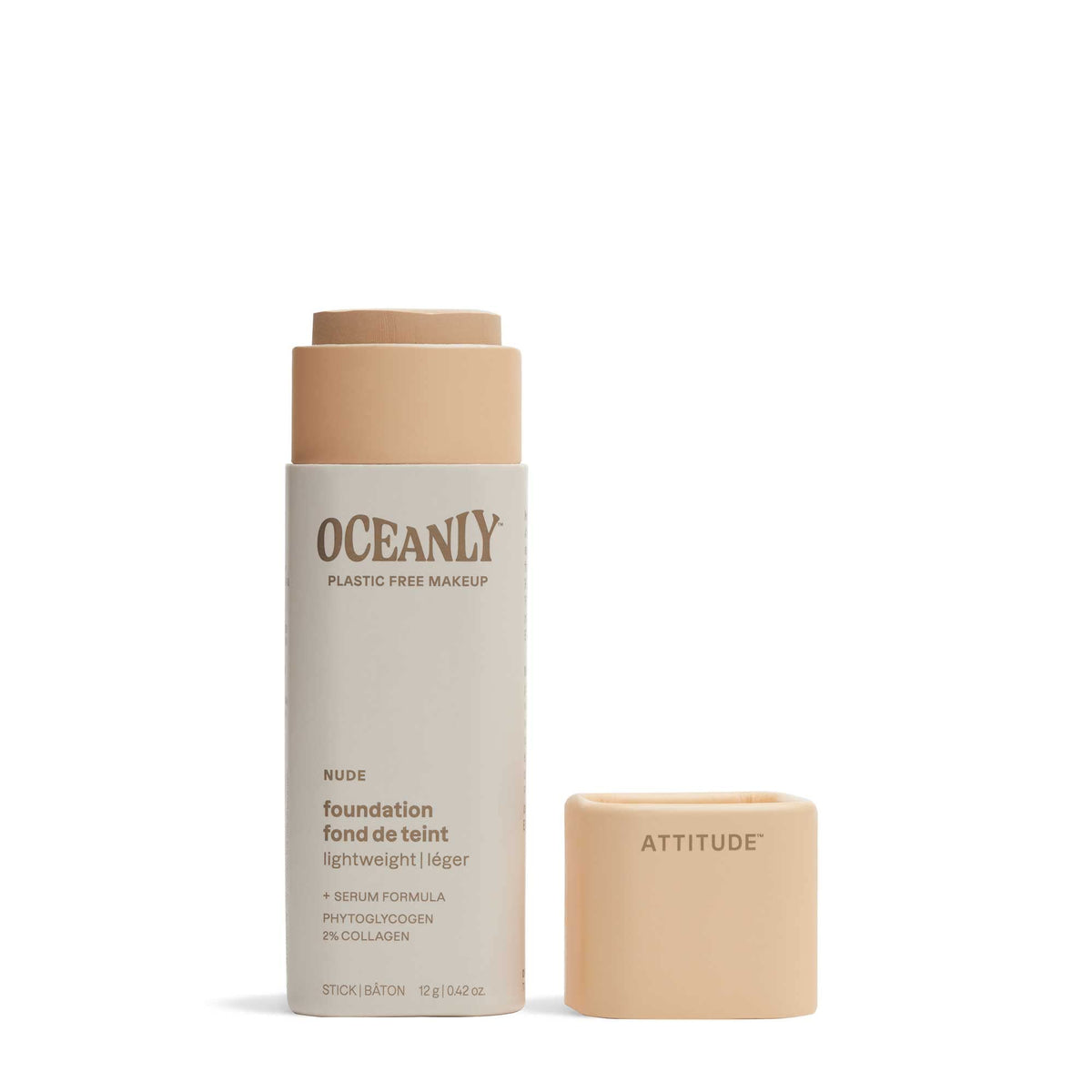 ATTITUDE Oceanly Plastic-Free Light Coverage Foundation Stick, Titanium Dioxide-Free, EWG Verified, Vegan Makeup, Nude, 12 grams