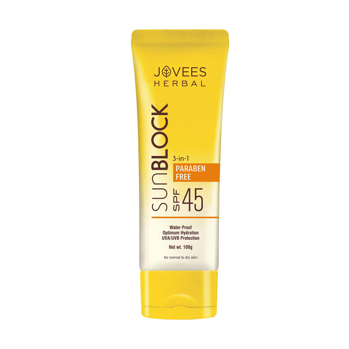 Jovees Herbal Sun Block Sunscreen SPF 45 | For Dry Skin | Lightweight And Water Proof | UVA/UVB Protection, Moisturization| Paraben and Alcohol Free | For Women/Men | 100GM