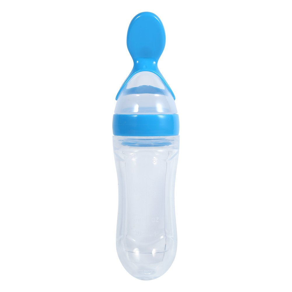 Feeding Bottle, Silicone Squeeze Baby Food Dispensing Spoon Supplement Bottle Baby Silicone Feeder 90mL(Blue)