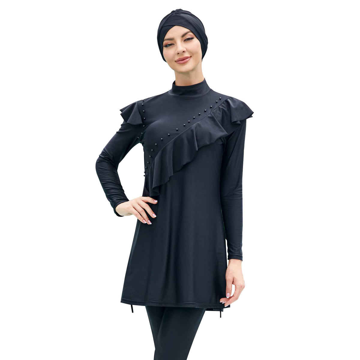 IMEKIS Burkini Swimsuits for Women Modest Muslim Swimsuit Islamic Swimwear Long Sleeve Burkinis Full Cover Hijab Swim Dress Middle East Arabian Pants Swim Cap 3 Piece Bathing Suits Black Beads Medium