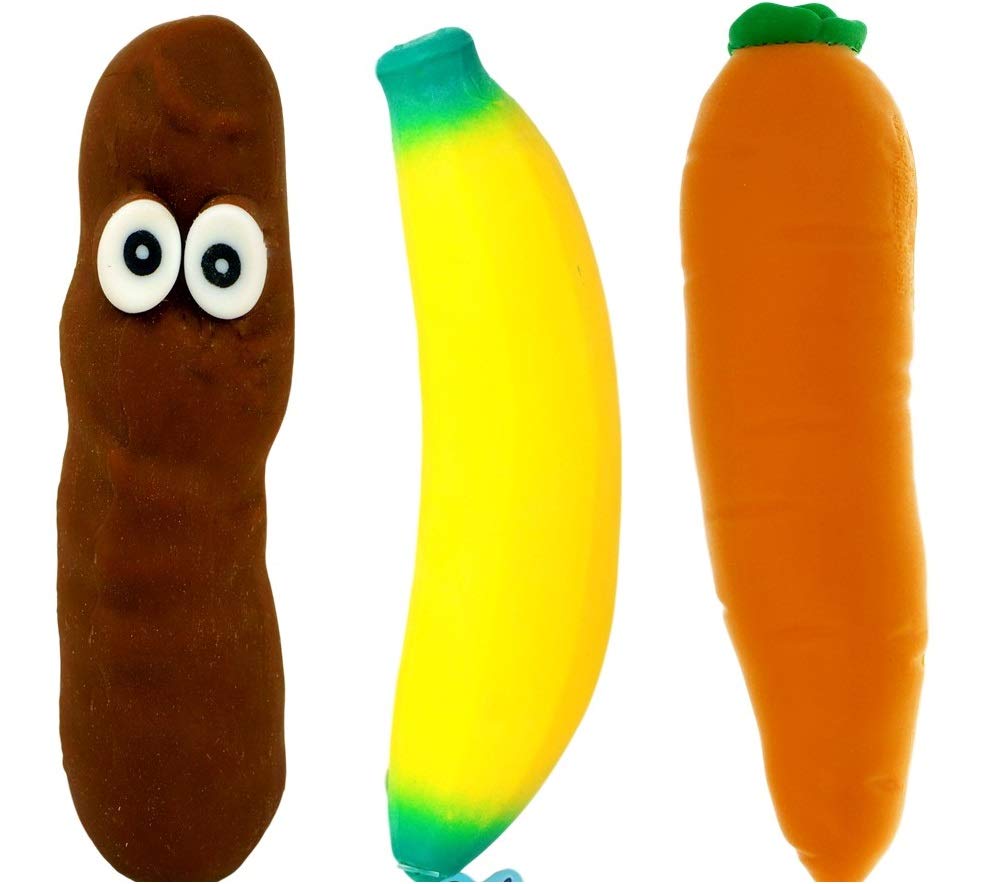 JA-RU Squishy Poop, Carrot & Stretchy Banana Fidget Toy (3 Squishies) Slow Rising Sand Filled Stress Toy. Funny Gag Gifts for Kids. Fidget Squeeze Toy. Banana Party Favors. 6448-3340-3342p