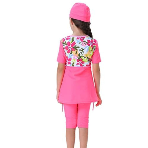 Muslim Swimsuits for Girls Kids: Bathing Suits Modest Swimwear Islamic Short Sleeve Burkini Swimsuits Dress Full Cover Hijab Swimming Cap Top Pants Rash Guard Tankini Set Pink Flower 2-3T