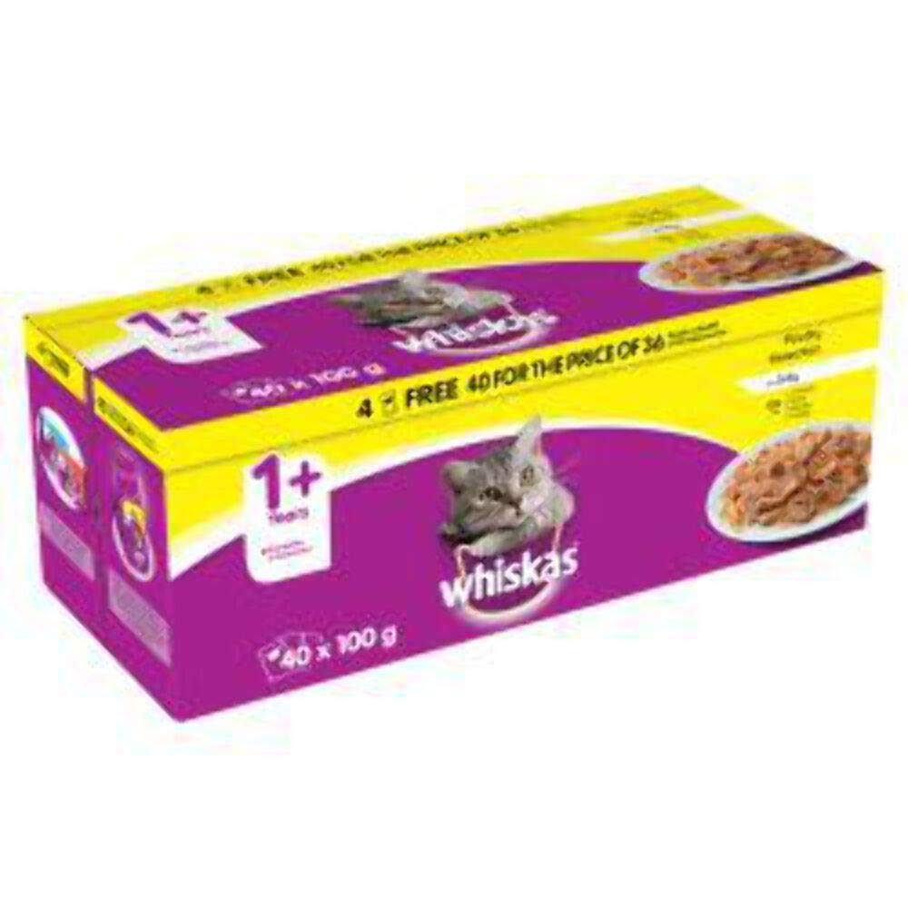 Whiskas 1+ Cat Wet Food in Pouch Mega Pack for Adult Cats, Poultry Selection in Jelly, 40x 100g