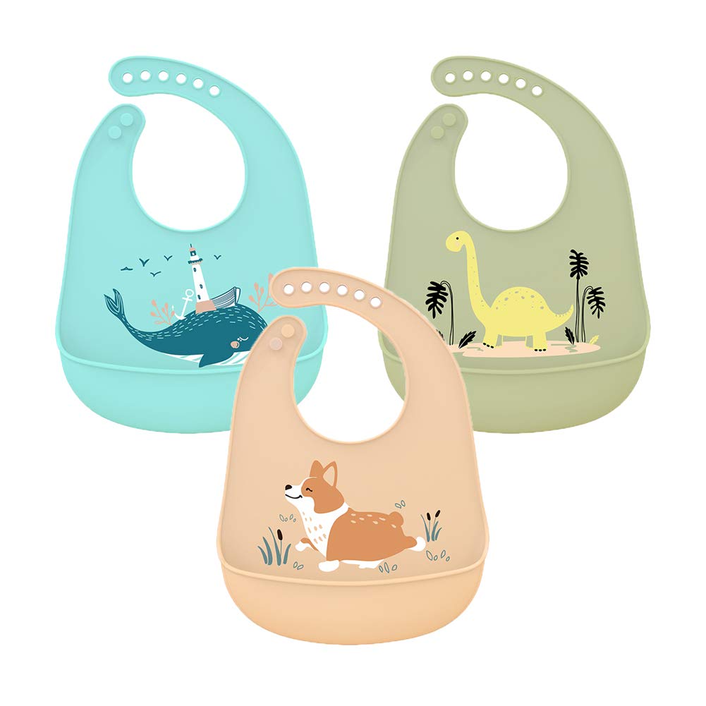 3 Pcs Baby Silicone Bibs Waterproof Feeding Bibs with Food Catcher Easy Wipe Clean Soft Bibs for Toddlers Newborns Green