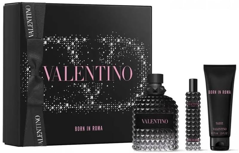 Valentino Born In Roma Uomo 3-piece Gift Set for Men (Eau de Toilette Spray 3.4 Fl Oz, Eau de Toilette Spray 0.5 Fl Oz, Shower Gel 2.5 Fl Oz)