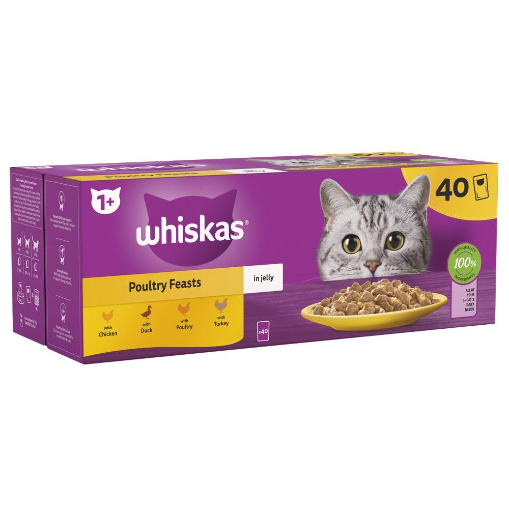 Whiskas 1+ Adult Poultry Selection in Jelly 40 Pouches, Adult Wet Cat Food, Megapack (40 x 85 g)